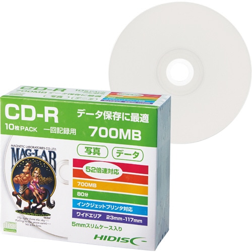 ハイディスク　データ用CD-R　700MB　52倍速　ホワイトワイドプリンタブル　5mmスリムケース　HDCR80GP10SC　1パック（10枚）（ご注文単位1パック）【直送品】
