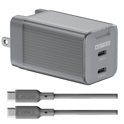 アドテック　PD対応　AC充電器　GaN　USB　Type-C　2ポート　Type-Cケーブル付属　65W　ブラック　APD-V065C2-BK-SC10U2　1個（ご注文単位1個）【直送品】