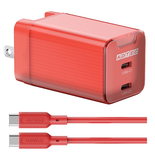 アドテック　PD対応　AC充電器　GaN　USB　Type-C　2ポート　Type-Cケーブル付属　65W　レッド　APD-V065C2-RD-SC10U2　1個（ご注文単位1個）【直送品】