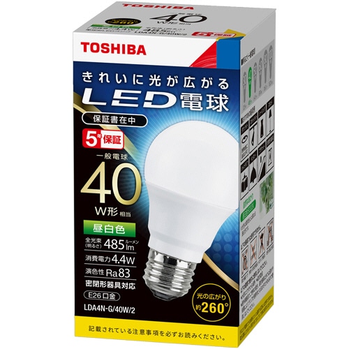 東芝ライテック　LED電球　一般電球形　E26口金　4.4W　昼白色　LDA4N-G／40W／2　1個（ご注文単位1個）【直送品】