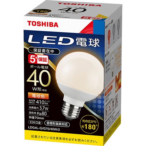 東芝ライテック　LED電球　ボール電球形　E26口金　3.7W　電球色　LDG4L-G／G70／40W／2　1個（ご注文単位1個）【直送品】
