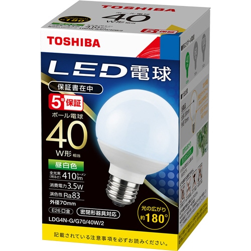 東芝ライテック　LED電球　ボール電球形　E26口金　3.5W　昼白色　LDG4N-G／G70／40W／2　1個（ご注文単位1個）【直送品】