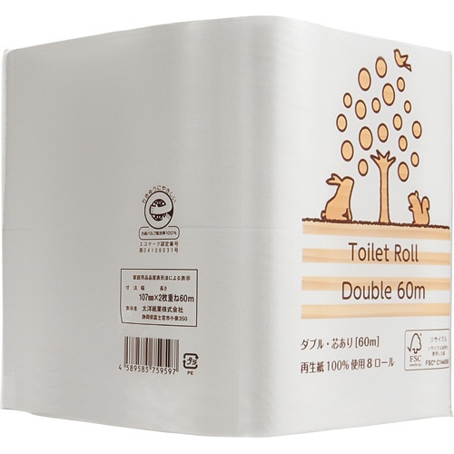TANOSEE　リサイクルトイレットペーパー（2倍巻）　ダブル　芯あり　60m　1セット（144ロール：8ロール×18パック）（ご注文単位1セット）【直送品】