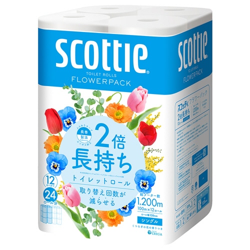 日本製紙クレシア　スコッティ　2倍巻き　フラワーパック　シングル　芯あり　100m　1セット（48ロール：12ロール×4パック）（ご注文単位1セット）【直送品】