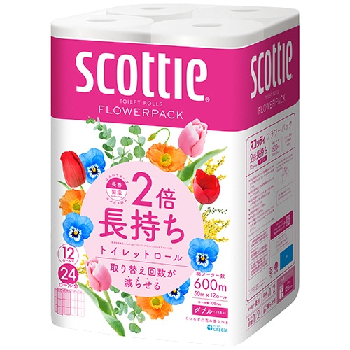 日本製紙クレシア　スコッティ　2倍巻き　フラワーパック　ダブル　芯あり　50m　1セット（48ロール：12ロール×4パック）（ご注文単位1セット）【直送品】