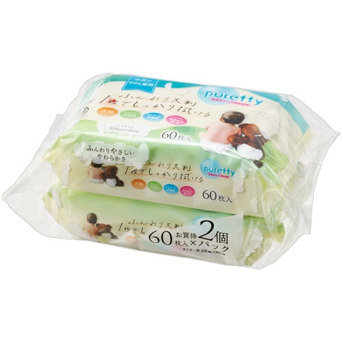 昭和紙工 pureffy ふんわり大判1枚でしっかりふけるおしりふき 1パック(120枚:60枚×2個)/パック（ご注文単位1パック）【直送品】