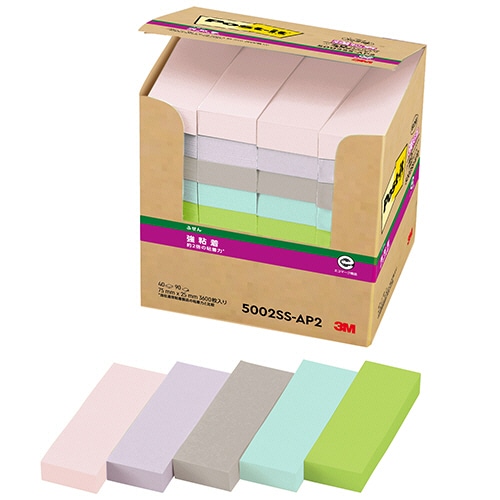 3M ポスト・イット 強粘着ふせん 再生紙 75×25mm パステルカラー5色 5002SS-AP2 1パック(40冊)/パック(ご注文単位1パック)【直送品】
