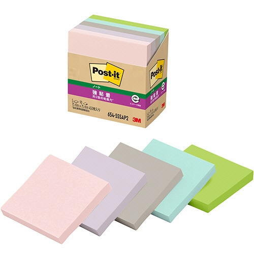 3M ポスト・イット 強粘着ノート 再生紙 75×75mm パステルカラー5色 654-5SSAP2 1パック(5冊)/パック(ご注文単位1パック)【直送品】