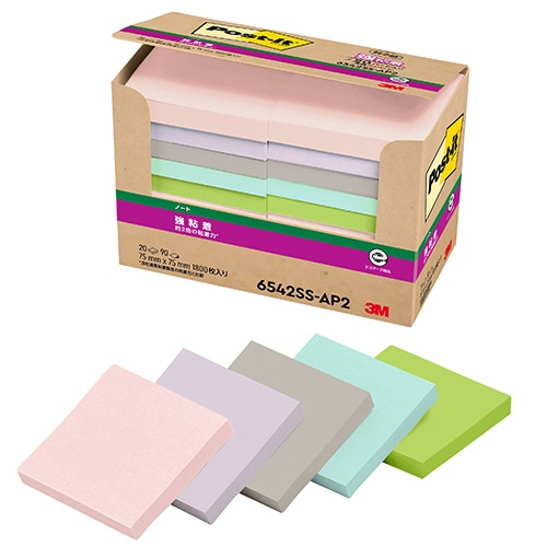 3M ポスト・イット 強粘着ノート 再生紙 75×75mm パステルカラー5色 6542SS-AP2 1パック(20冊)/パック(ご注文単位1パック)【直送品】