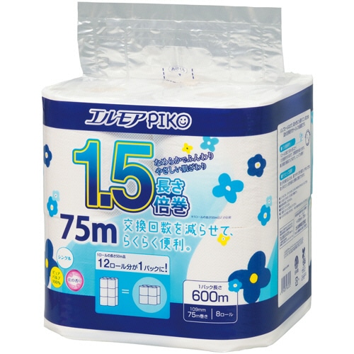 カミ商事 エルモア ピコ 1.5倍巻トイレットロール 花の香り シングル 75m 1セット(64ロール:8ロール×8パック)/セット（ご注文単位1セット）【直送品】