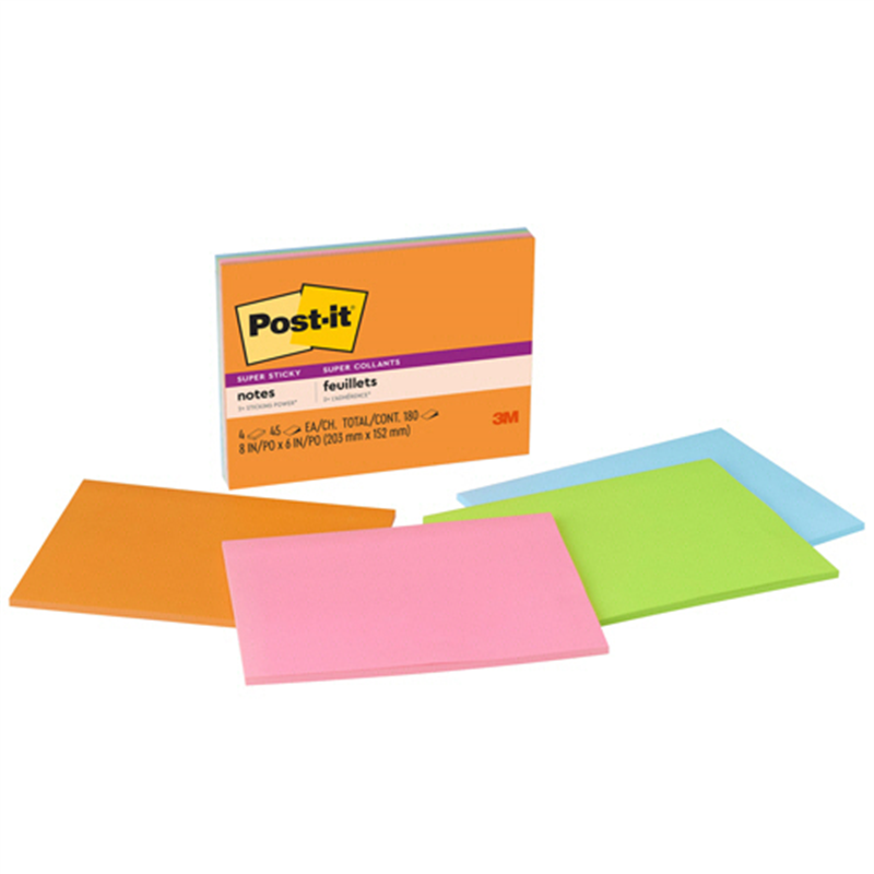 3M ポスト・イット 強粘着ミーティングノート 152×203mm 4色 6845-SSP 4冊/パック（ご注文単位1パック）【直送品】