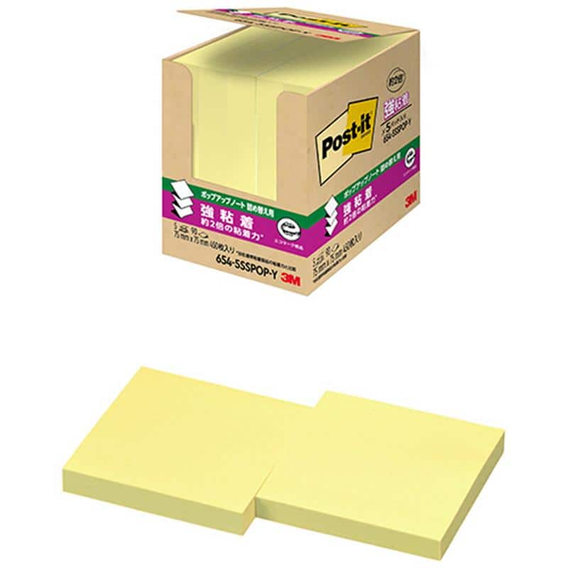 3M ポスト・イット 強粘着ポップアップノート 詰替用 75×75mm イエロー 654-5SSPOP-Y 1パック(5冊) （ご注文単位1パック）【直送品】