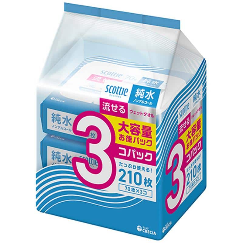 日本製紙クレシア スコッティ 流せるウェットタオル 純水99% ノンアルコール 1セット(210枚:70枚×3パック) (ご注文単位1セット)【直送品】