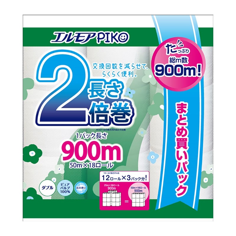 カミ商事 エルモアピコ 2倍巻 18ロール ダブル 50M 1パック(ご注文単位4パック)【直送品】