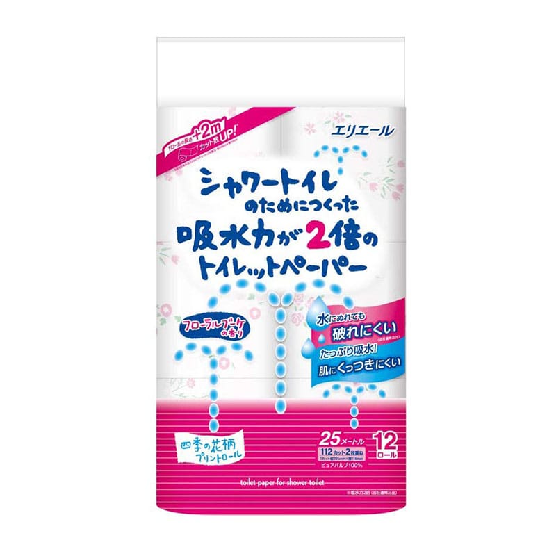 大王製紙 エリエールシャワートイレのためにつくった吸水力が2倍のトイレットペーパーフラワープリント香水付き ダブル 12ロール/個（ご注文単位1個）【直送品】