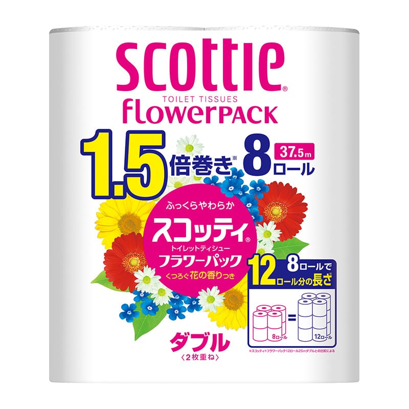 日本製紙クレシア スコッティフラワーパック1.5倍巻き 300m 8ロールダブル 1個（ご注文単位1個）【直送品】