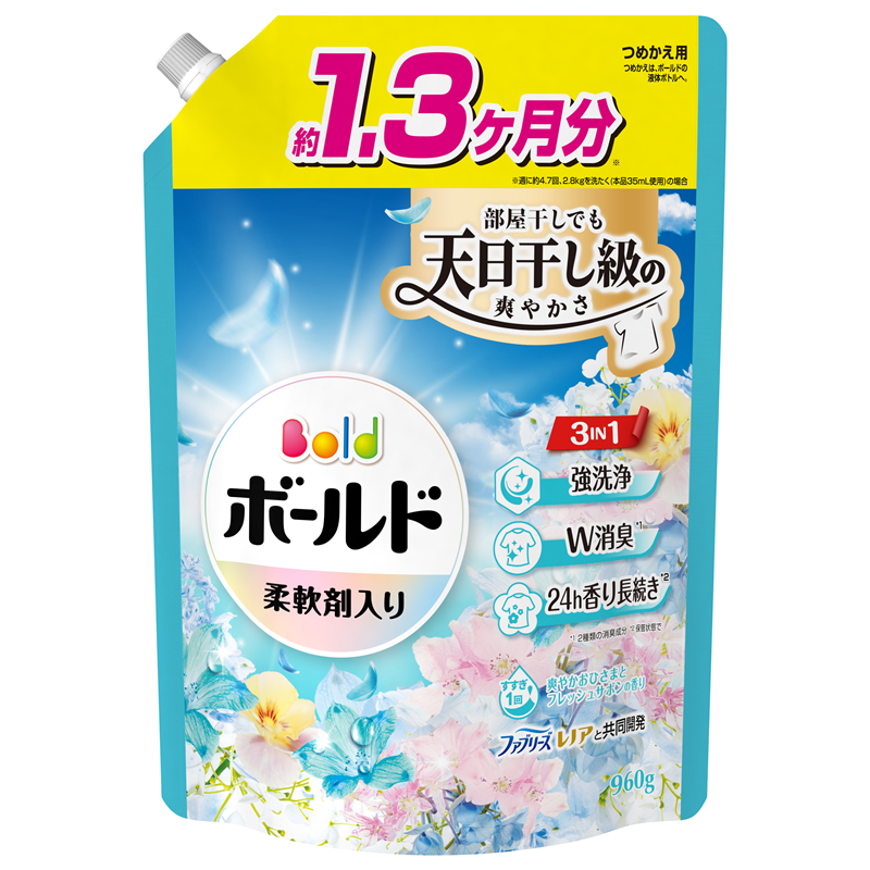 Ｐ＆Ｇジャパン合同会社 ボールドジェル爽やかフレッシュフラワーサボンの香りつめかえ用超ジャンボサイズ 960G 1パック（ご注文単位1パック）【直送品】