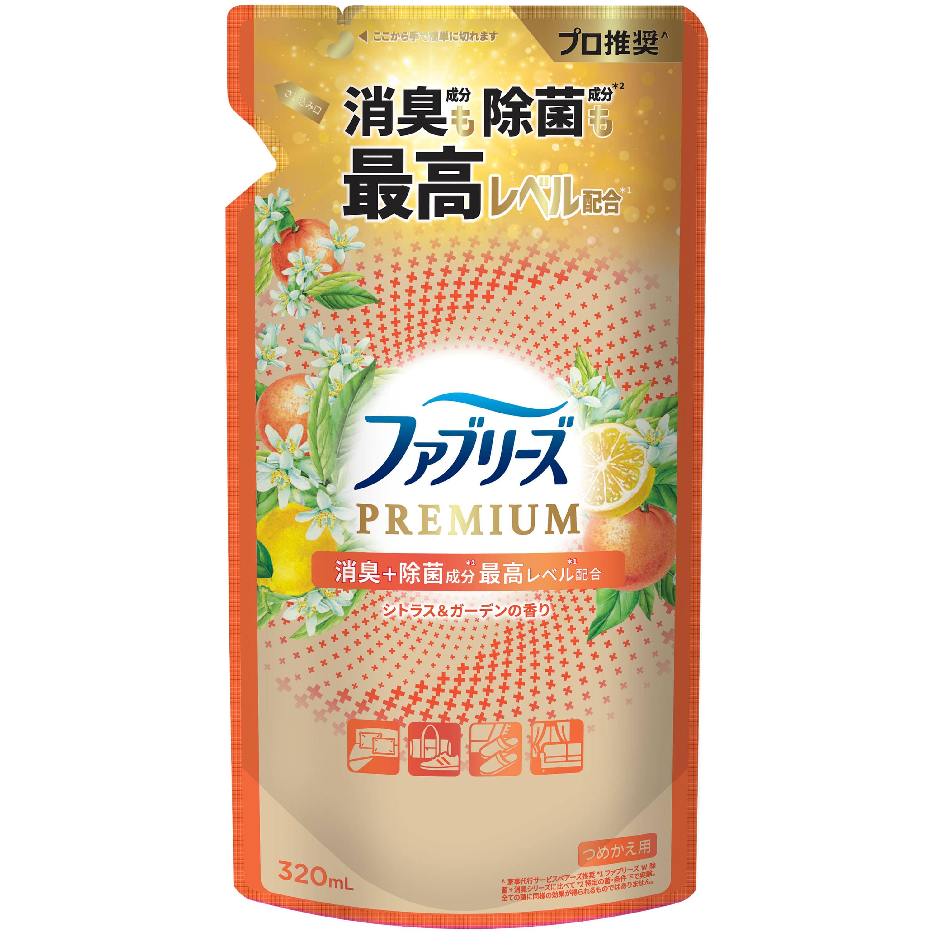 Ｐ＆Ｇジャパン ファブリーズW除菌+消臭プレミアムシトラス&ガーデンの香りつめかえ 320mL/パック（ご注文単位1パック）【直送品】