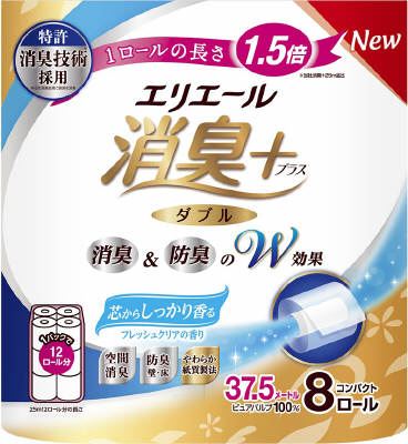 大王製紙 エリエール 消臭+トイレットティシュー 芯からしっかり香るフレッシュクリアの香り コンパクト8R(ダブル) 8巻/パック（ご注文単位1パック）【直送品】