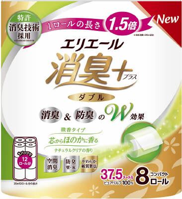 大王製紙 エリエール 消臭+トイレットティシュー 芯からほのかに香るナチュラルクリアの香り コンパクト8R(ダブル) 8巻/パック（ご注文単位1パック）【直送品】