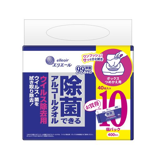 大王製紙 エリエール 除菌できるアルコールタオル ウイルス除去用 ボックスつめかえ用 40枚×10P /パック(ご注文単位1パック)【直送品】
