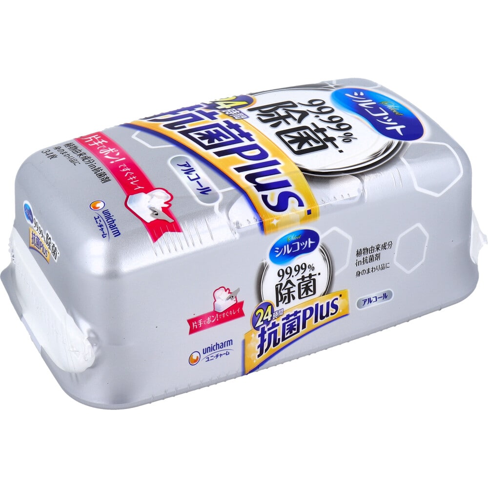 ユニ・チャーム　シルコット 99.99％除菌 抗菌Plus ウェットティッシュ アルコールタイプ 本体 34枚入　1パック（ご注文単位1パック）【直送品】