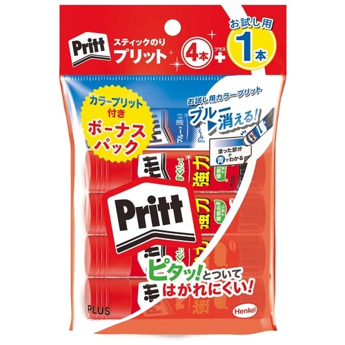 プラス PLUS スティックのり プリット4本+カラープリット1本 計5本 レギュラーサイズ 29-742 1袋(ご注文単位1袋)【直送品】