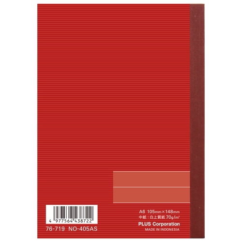 プラス PLUS ノート ノートブック 5号 A6 A罫 レッド 48枚 NO-405AS 76-719 1冊(ご注文単位1冊)【直送品】