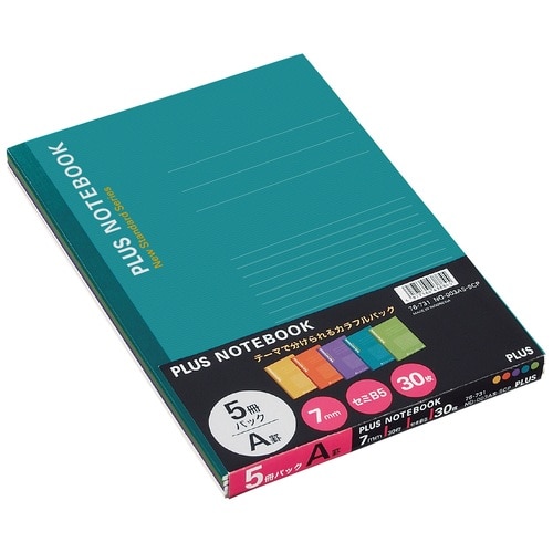 プラス PLUS ノート セミB5(6号)A罫30枚5冊入NO-003AS-5CP 5色色込 76-731 1袋(ご注文単位1袋)【直送品】
