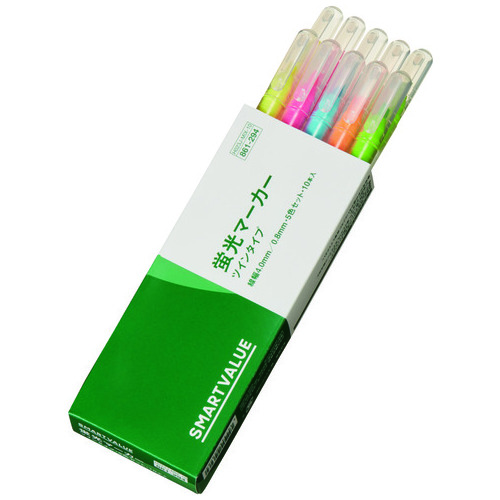 スマートバリュー 蛍光ツインマーカー 5色入 10本 H023J-MIX-10 1箱(ご注文単位1箱)【直送品】