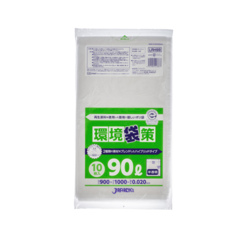 ジャパックス 環境袋策再生ポリ袋 90L 半透明 10枚 LRH98 1個（ご注文単位1個）【直送品】
