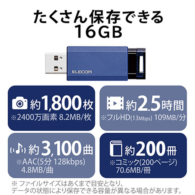 エレコム USBメモリ3.1 ノック式16GB MF-PKU3016GBU 1個(ご注文単位1個)【直送品】