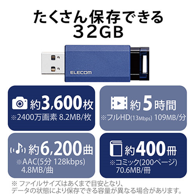 エレコム USBメモリ3.1 ノック式32GB MF-PKU3032GBU 1個(ご注文単位1個)【直送品】