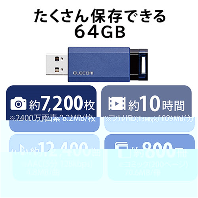 エレコム USBメモリ3.1 ノック式64GB MF-PKU3064GBU 1個(ご注文単位1個)【直送品】