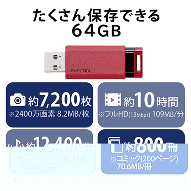 エレコム USBメモリ3.1 ノック式64GB MF-PKU3064GRD 1個(ご注文単位1個)【直送品】