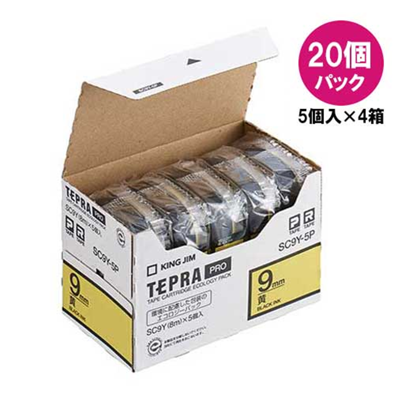 キングジム テプラPROテープSC9Y-20P 黄に黒字 9mm20個/箱（ご注文単位1箱）【直送品】