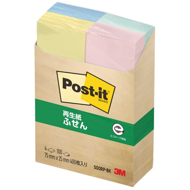 スリーエム ジャパン Post-it再生紙 75×25mm 500RP-BK 混色  1個（ご注文単位1個）【直送品】
