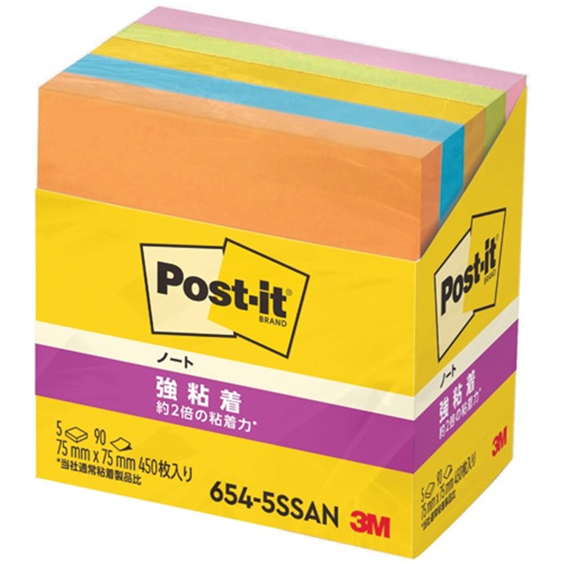 スリーエム ジャパン Post-it強粘着75×75mm 654-5SSAN 5色  1個（ご注文単位1個）【直送品】