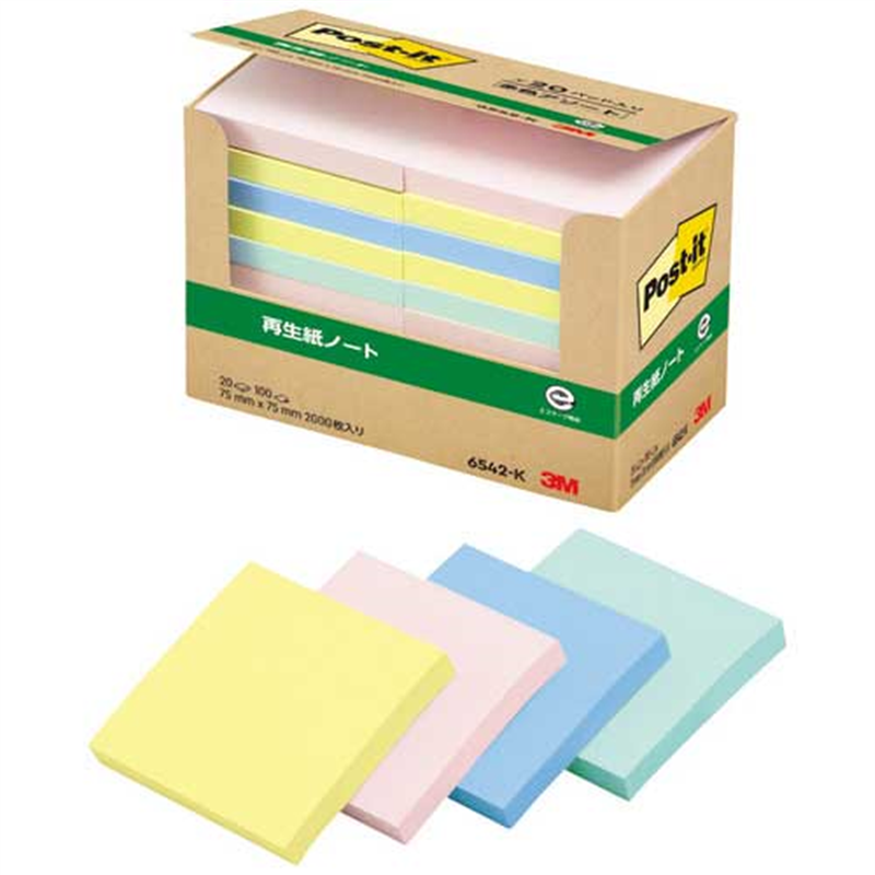 スリーエム ジャパン Post-it再生紙 75×75mm 6542-K 混色  1個（ご注文単位1個）【直送品】