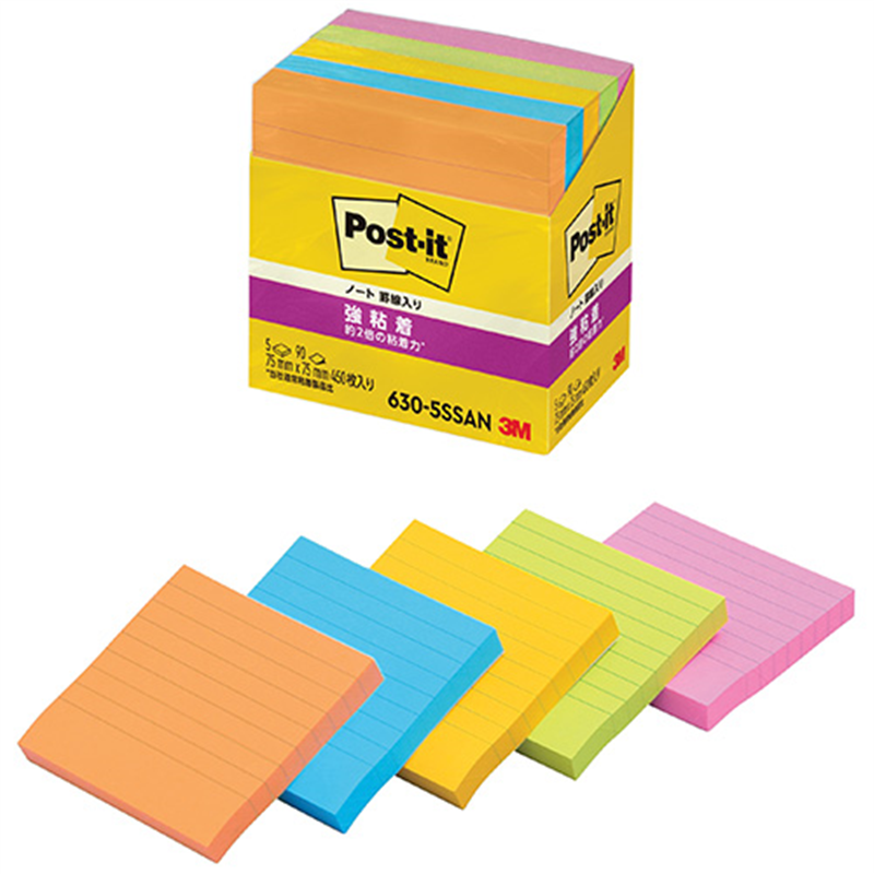 スリーエム ジャパン Post-it強粘着 罫線入 630-5SSAN 5色ネオン 1個（ご注文単位1個）【直送品】