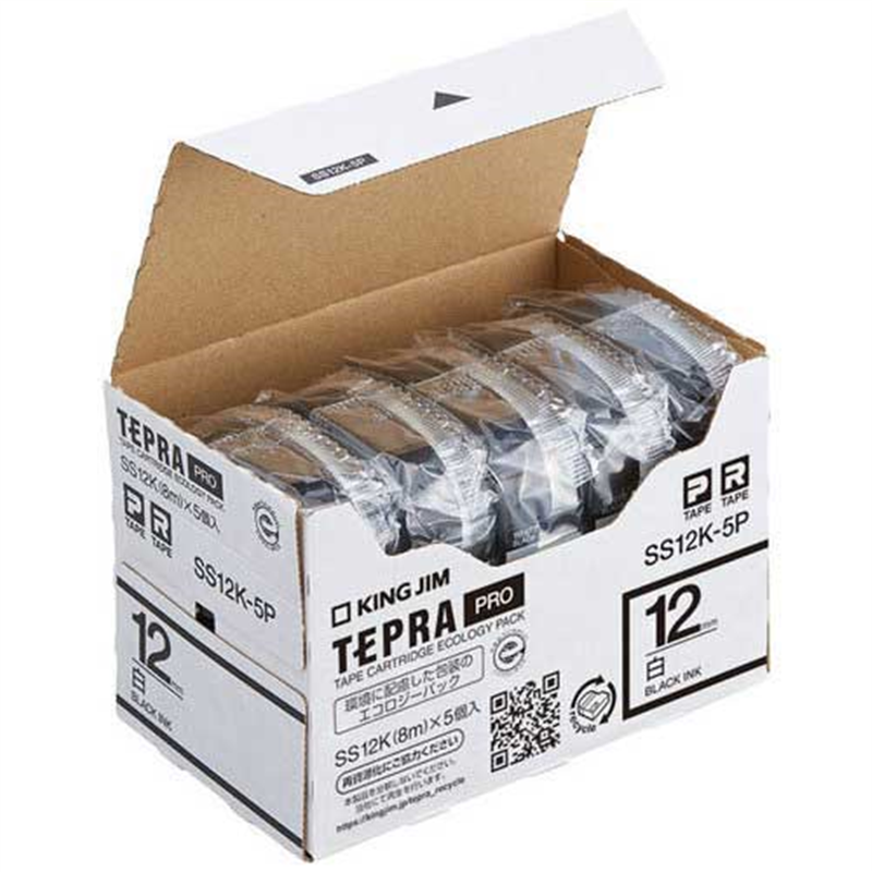 キングジム テプラPROテープSS12K-5P 白に黒字 12mm 5個/箱(ご注文単位1箱)【直送品】