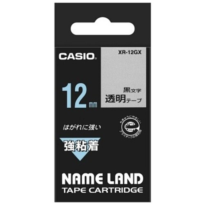 カシオ計算機 強粘着テープ XR-12GX 透明に黒文字 12mm  1個（ご注文単位1個）【直送品】