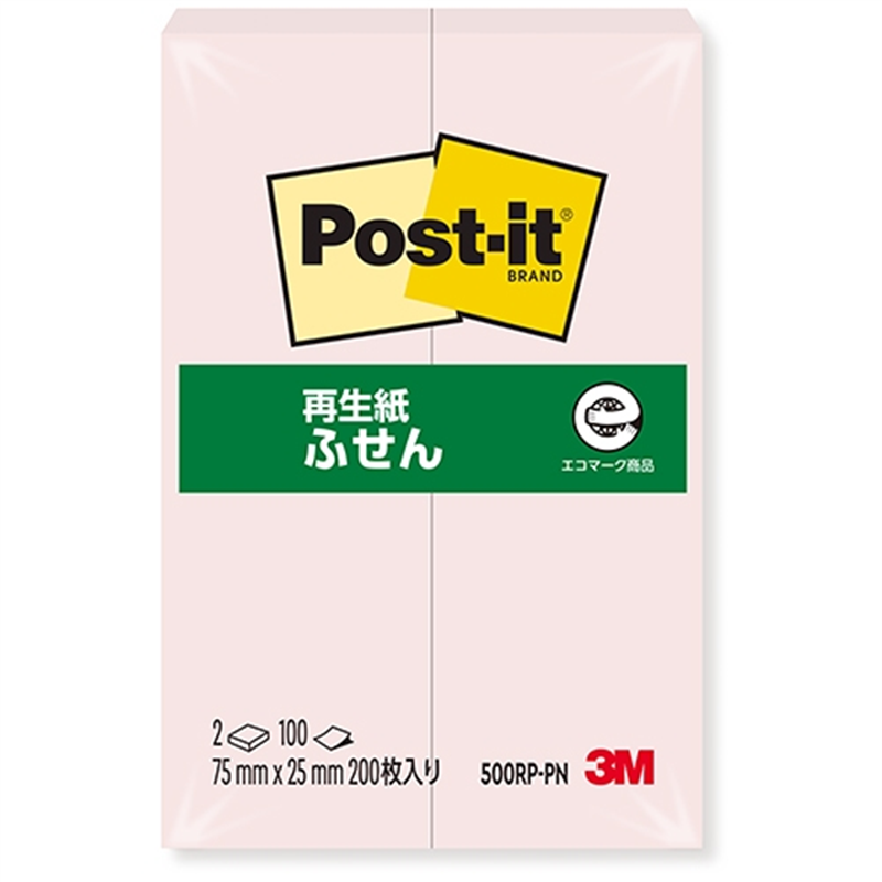 スリーエム ジャパン Post-it再生紙 75×25mm 500RP-PN ピンク 1個（ご注文単位1個）【直送品】