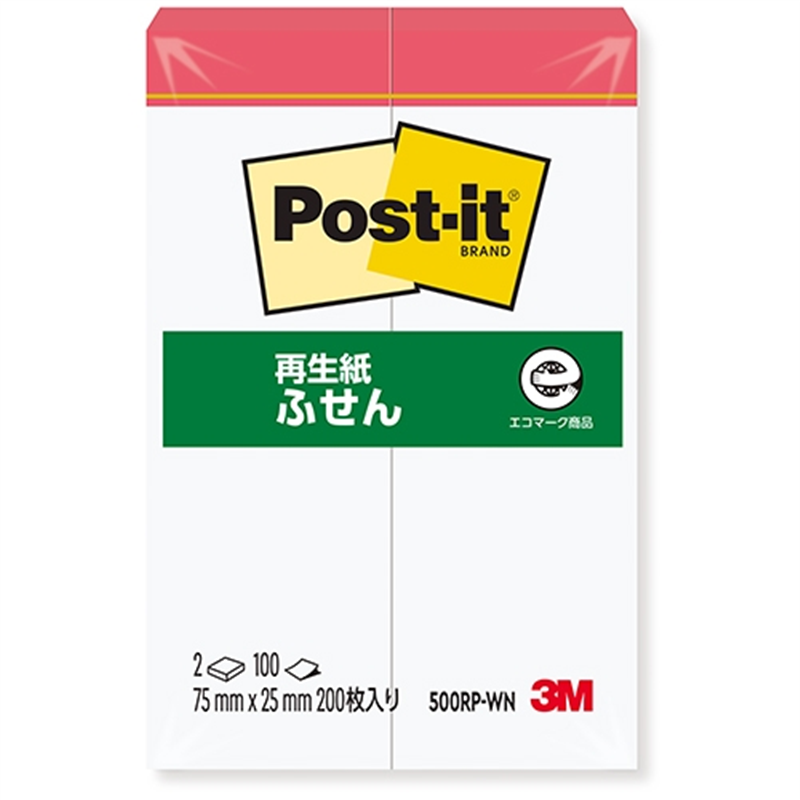 スリーエム ジャパン Post-it再生紙 75×25mm 500RP-WN 白/赤線 1個（ご注文単位1個）【直送品】