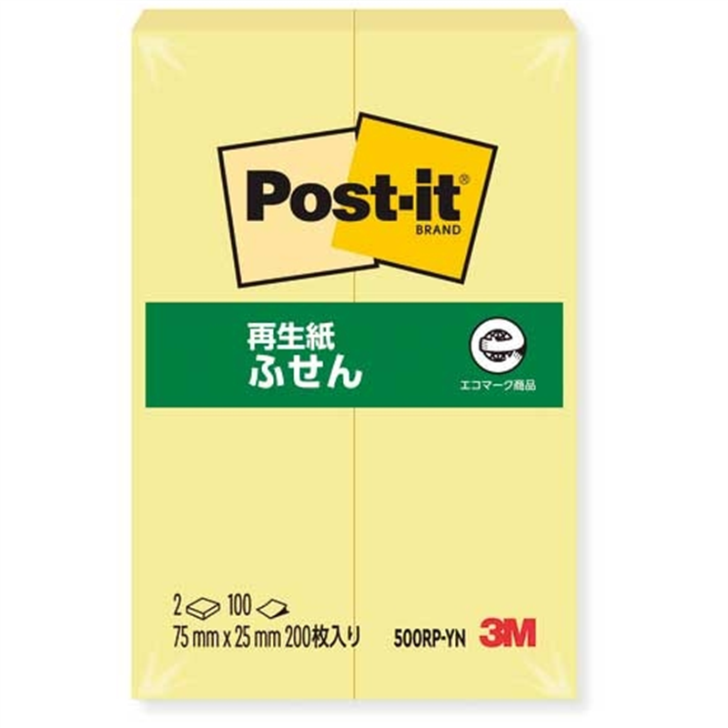 スリーエム ジャパン Post-it再生紙 75×25mm 500RP-YN イエロー 1個（ご注文単位1個）【直送品】