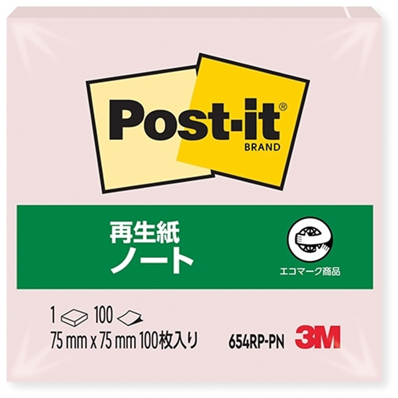 スリーエム ジャパン Post-it再生紙 75×75mm 654RP-PN ピンク 1個（ご注文単位1個）【直送品】
