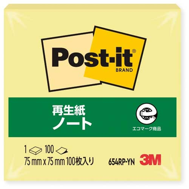 スリーエム ジャパン Post-it再生紙 75×75mm 654RP-YN イエロー 1個（ご注文単位1個）【直送品】