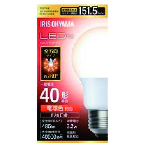 アイリスオーヤマ LED電球40W E26 全方向 電球色 4個/セット(ご注文単位1セット)【直送品】