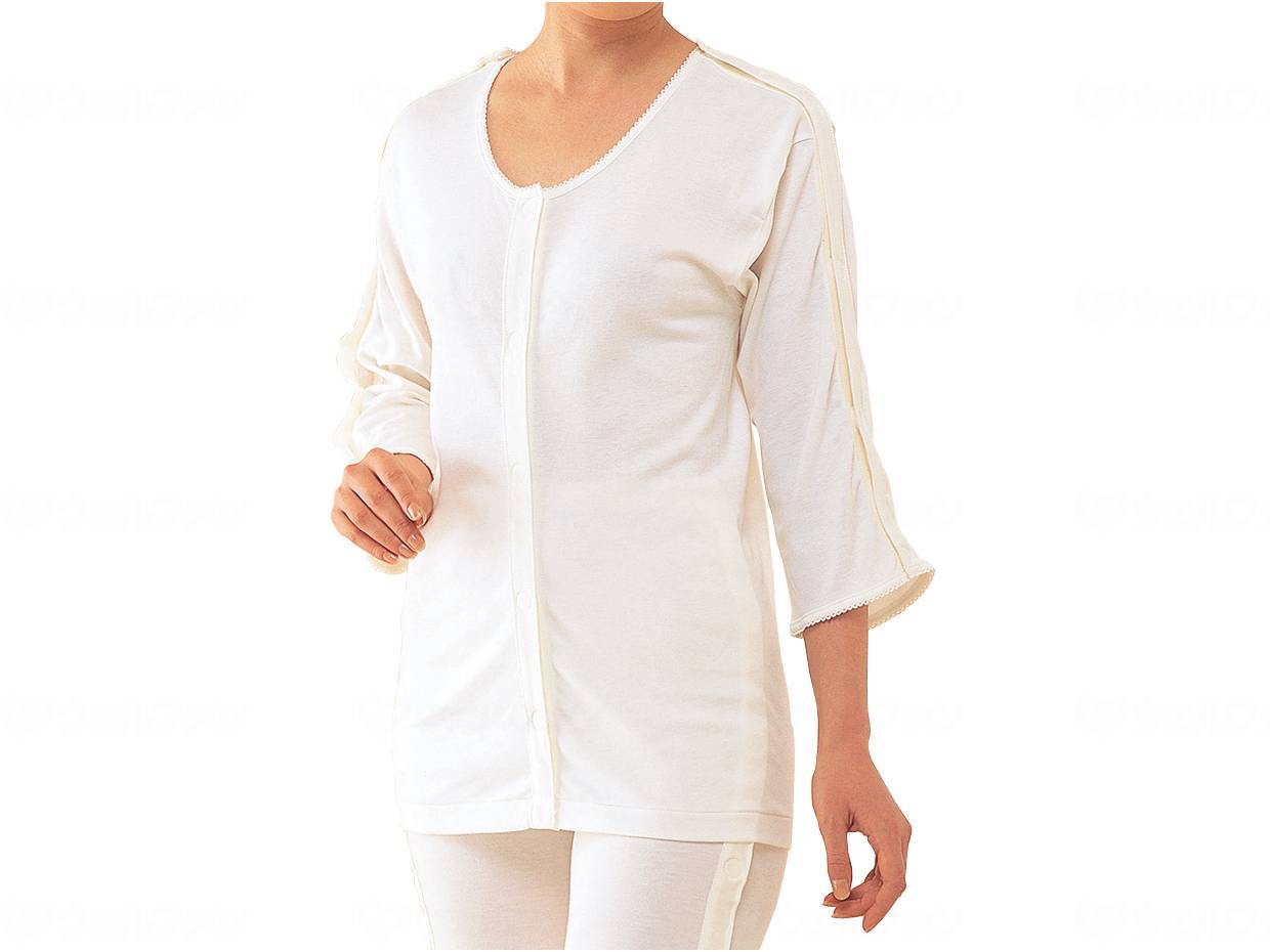 ウェルファン 婦人前開き両肩腕開き7分袖/オフホワイト/M 1個（ご注文単位1個）【直送品】