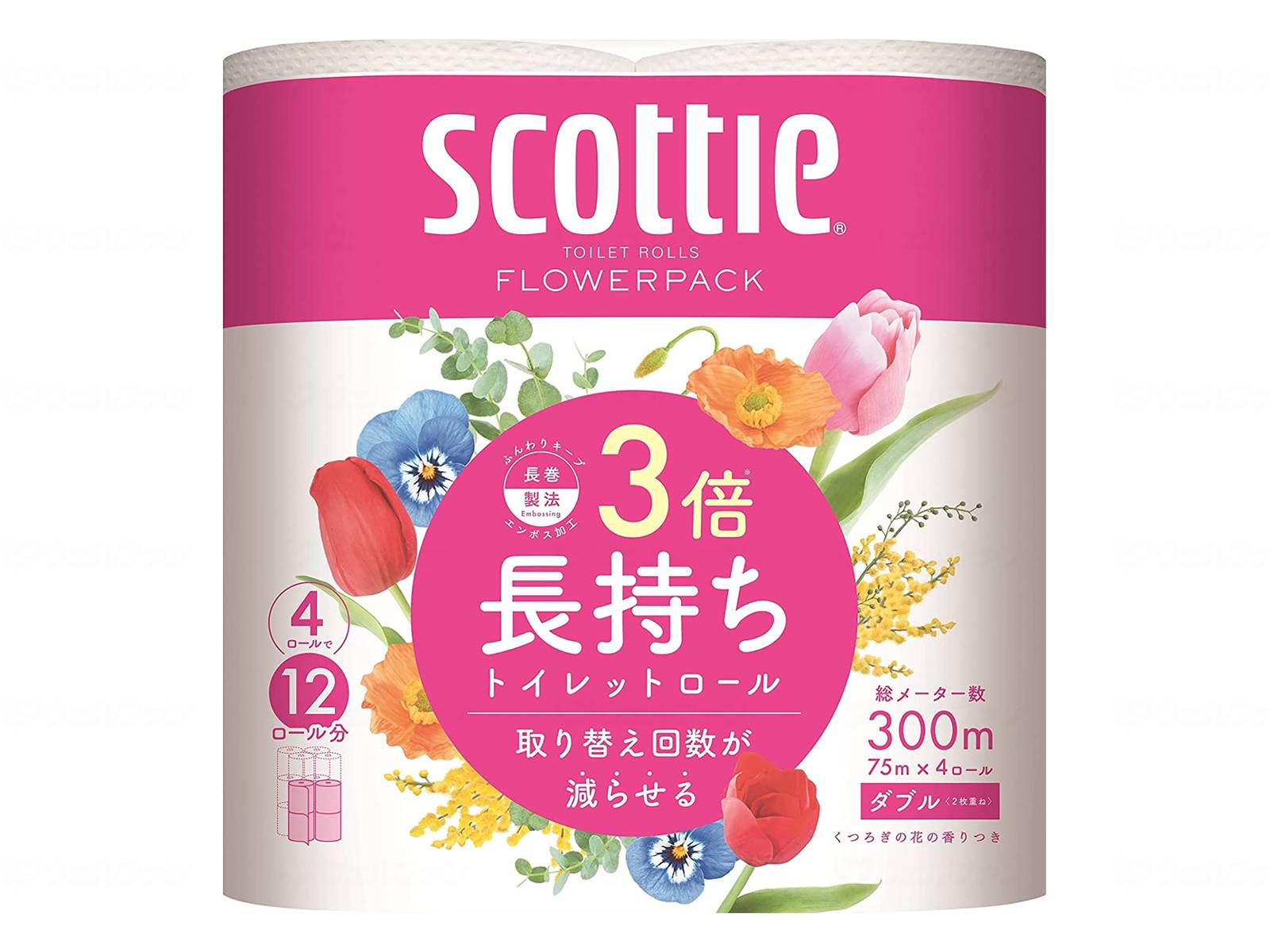 ウェルファン スコッティ フラワーパック3倍長持ち4ロール(ダブル)/ケース/75m 1個（ご注文単位1個）【直送品】